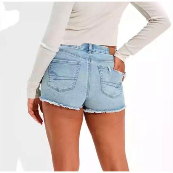 American Eagle Next Level Stretch Curve Hi-Rise Shortie Light Wash Shorts - Picture 2 of 6